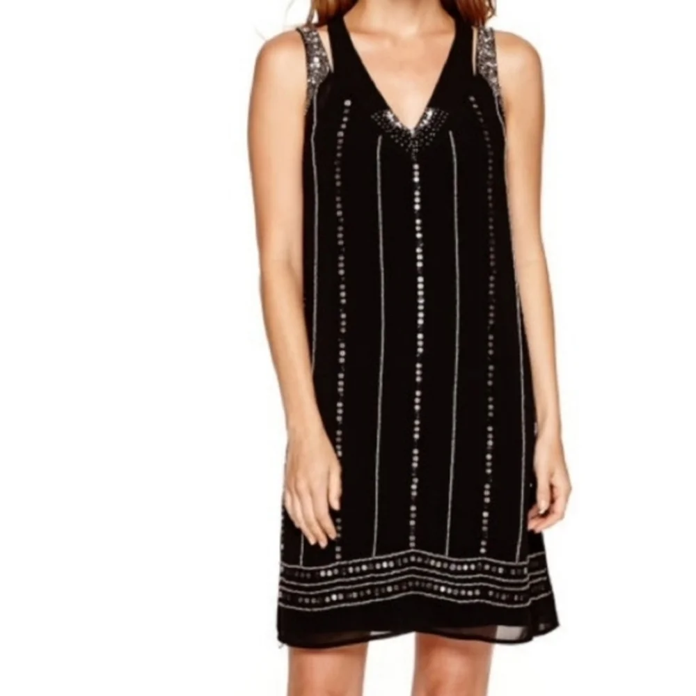 Nicole Miller Shift Dress Black Embellished Beaded Sleeveless Lined Size 10